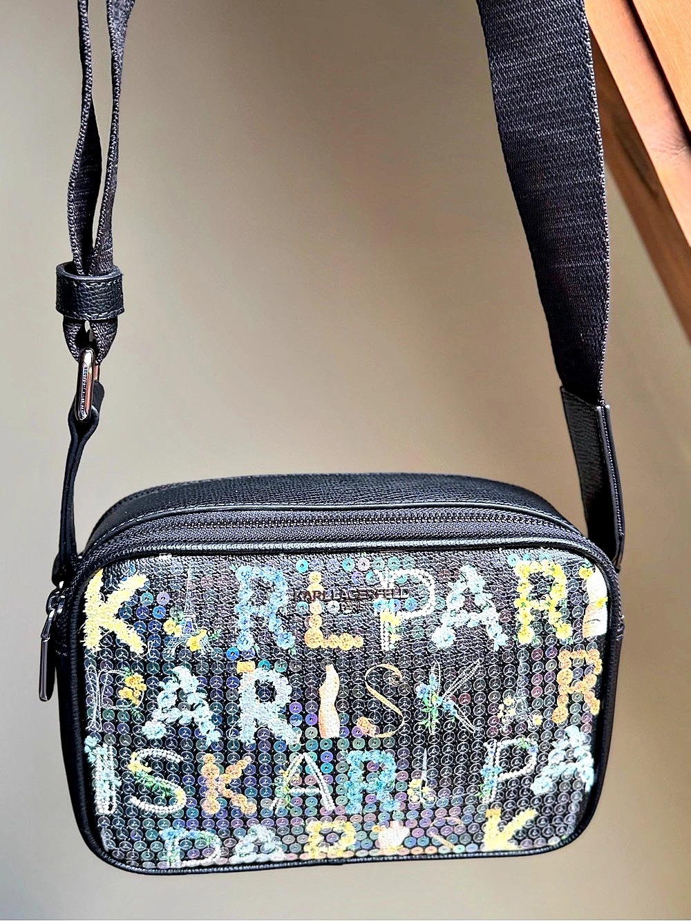 Karl Lagerfeld NWT Sequin Logo Double Compartment Crossbody Bag in Black